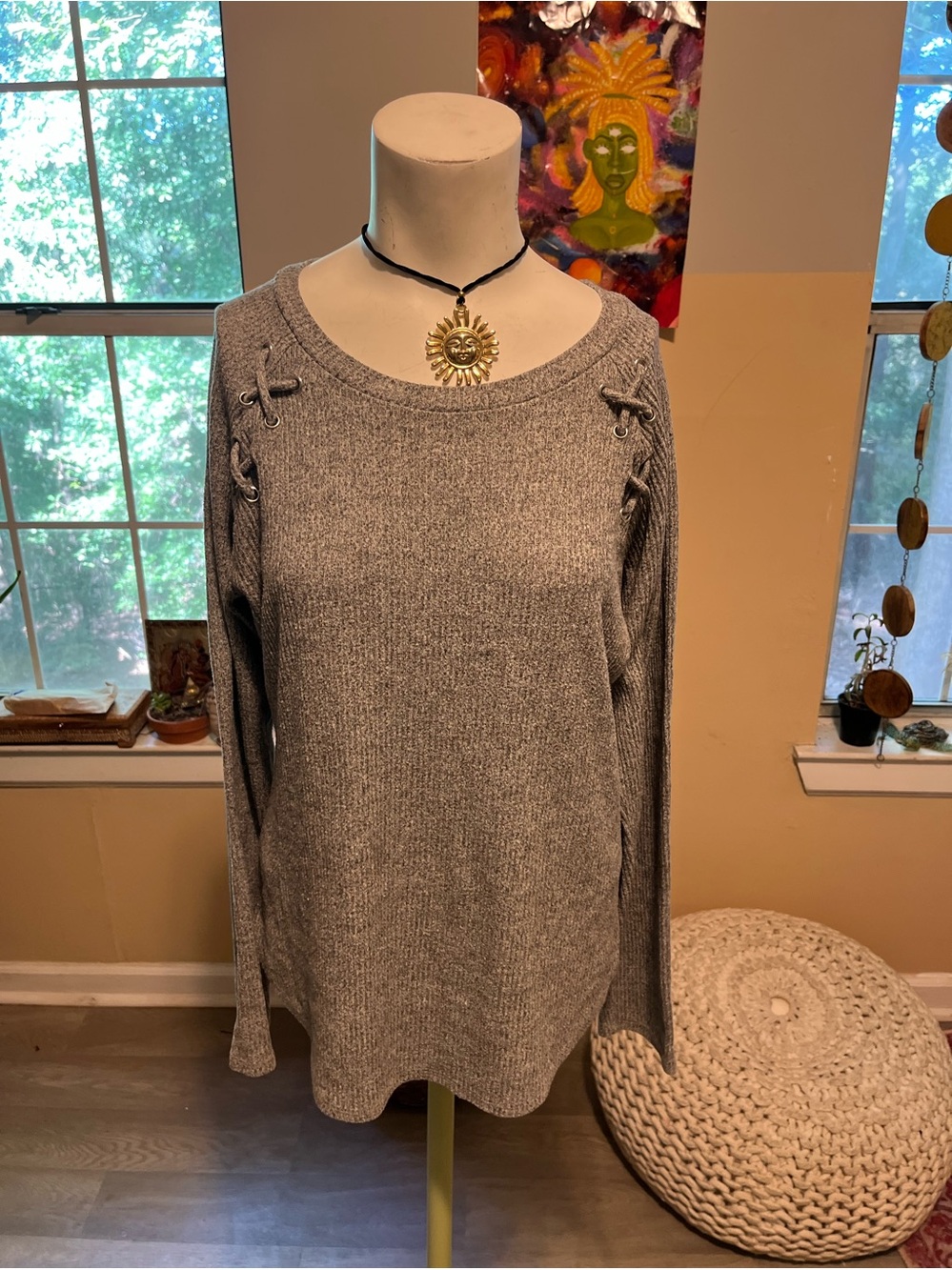 Gray Lace-Up Shoulder Knit Sweater - Women’s Top Grunge